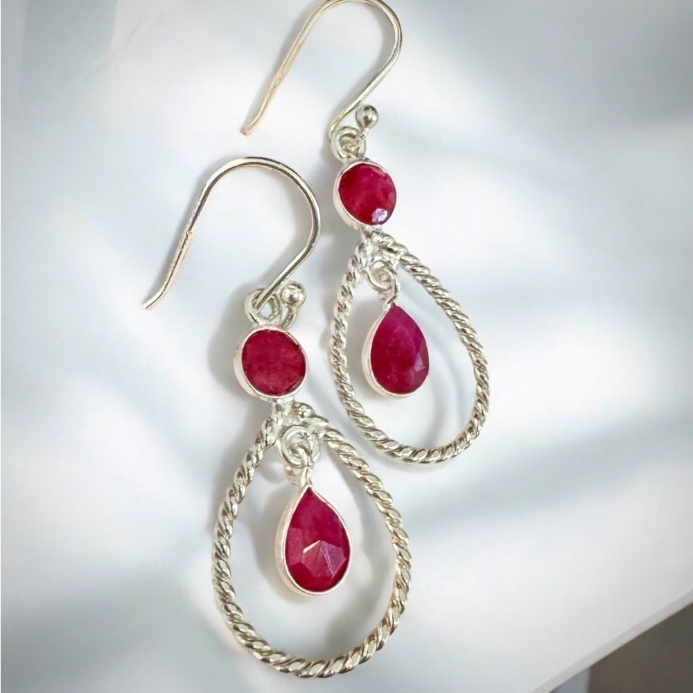 Raw Ruby Teardrop Sterling Silver Dangle Earrings - image 1